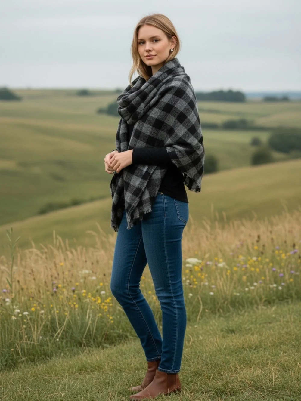 A PUNTO B Cozy Black & Gray Plaid Cashmere Scarf/ wrap